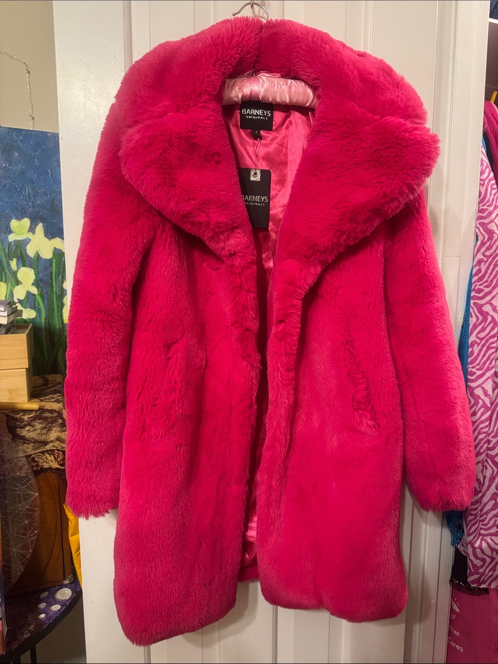 Barneys New York Hot Pink Faux Fur Teddy Coat